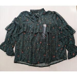 Lucky Brand Top Women's L Green Boho Sheer Ruffle Blouse Romantic Paisley Floral